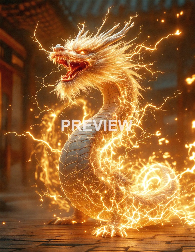 A fiery, lightning-infused dragon with an open mouth, sharp teeth, and a long, scaled body surrounded by sparks and electrical energy.